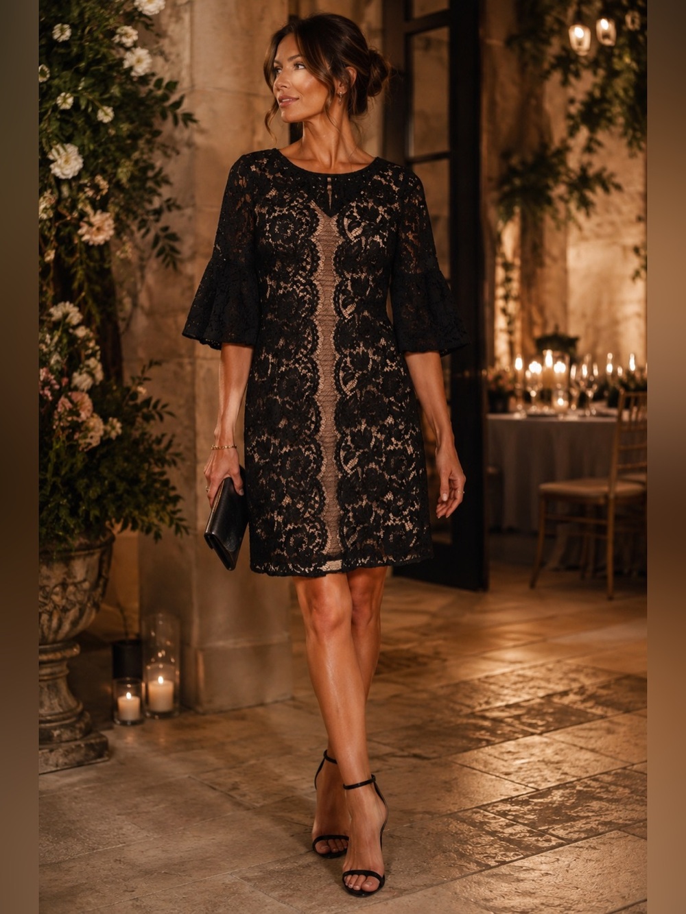Gabby Skye Black Lace Knee Length Dress Fall Wedding Cocktail Size 12